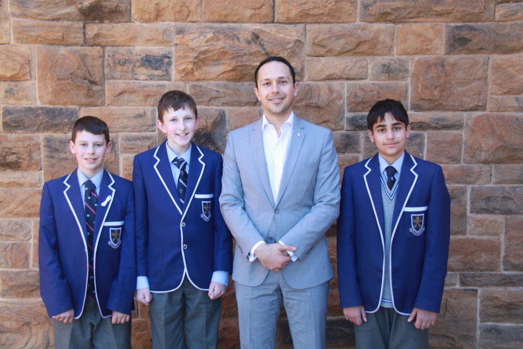 Arman Abrahimzadeh OAM, Founder of the Zahra Foundation with Year 7 students Sebastian Hillier, Laurence Williams and Jesse Sanders