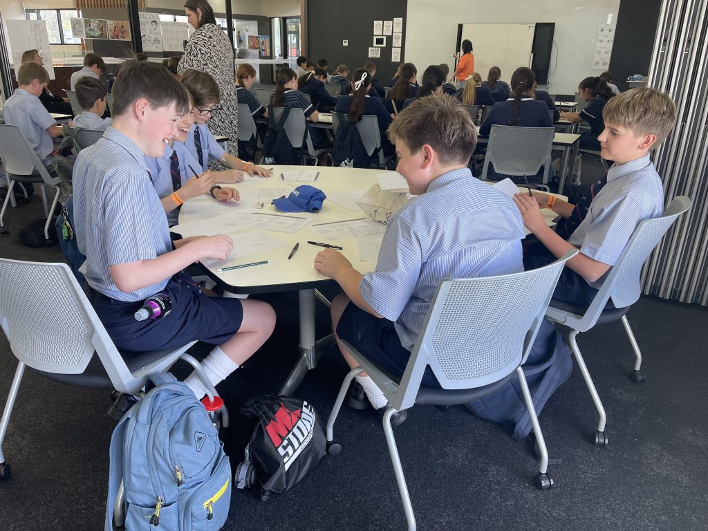 Logan Bishop (Year 7), Phillip Makooh (Year 7), Edward Robertson (Year 7), Digby Harvey (Year 8), and Max Harms (Year 7) attending the Manga drawing session.